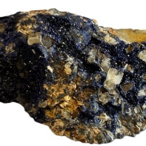 Raw azurite and malachite freeform mineral specimen with deep blue crystalline crust on natural matrix